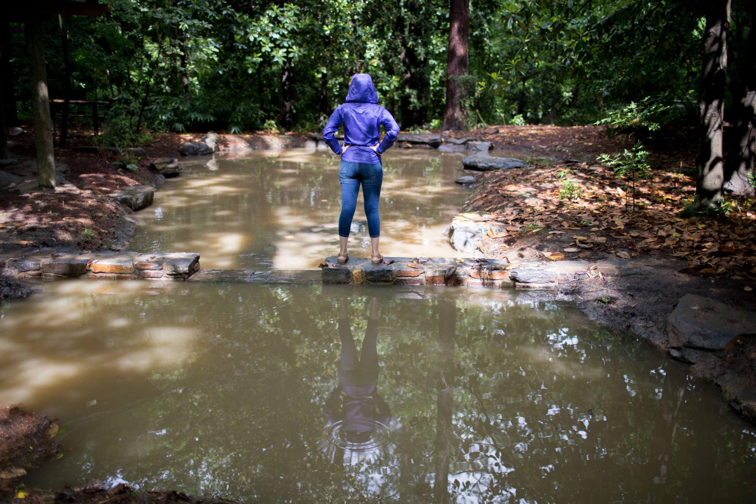 person standing on stone bridge across stream looking away from camera