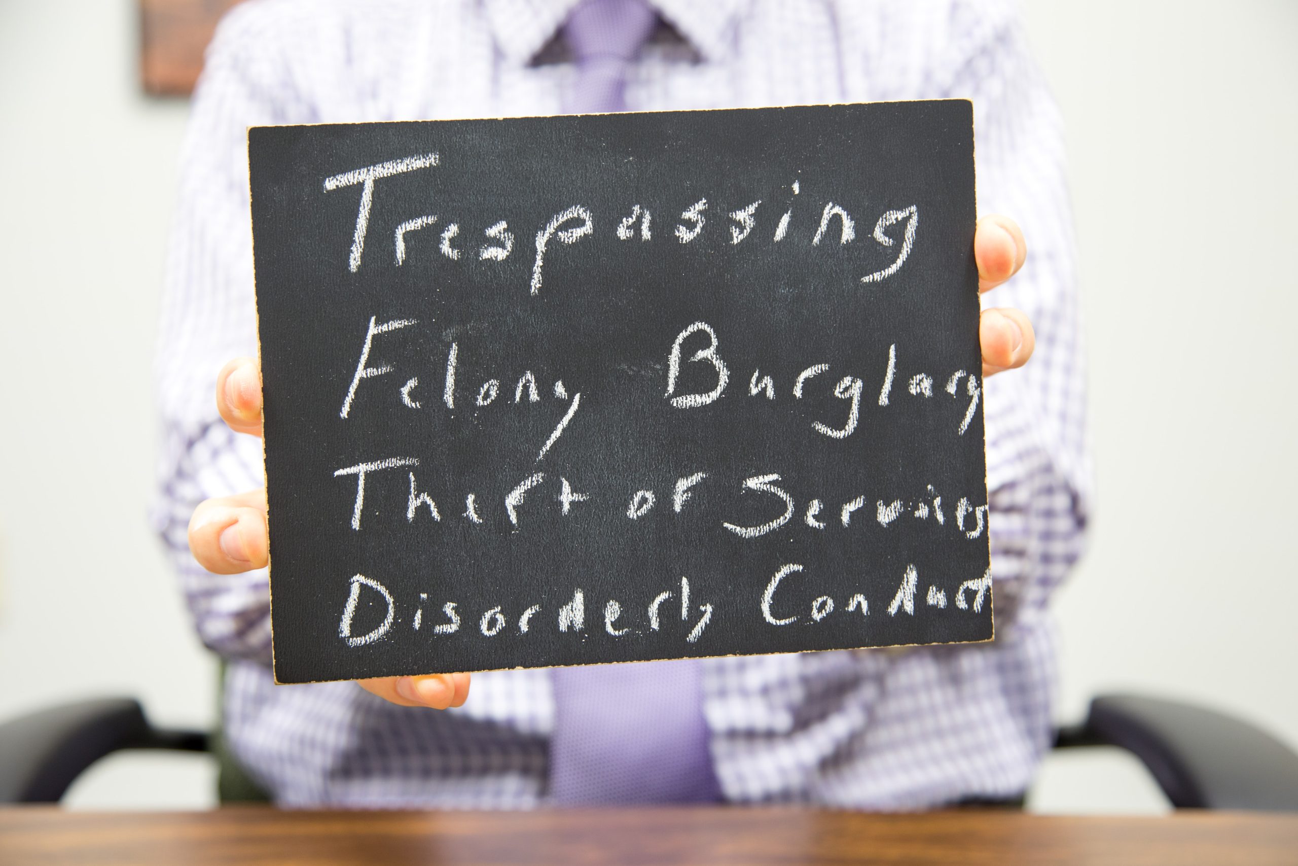 Chalkboard stating Trespassing Felony Burglary Theft of Services Disorderly Conduct written in chalk