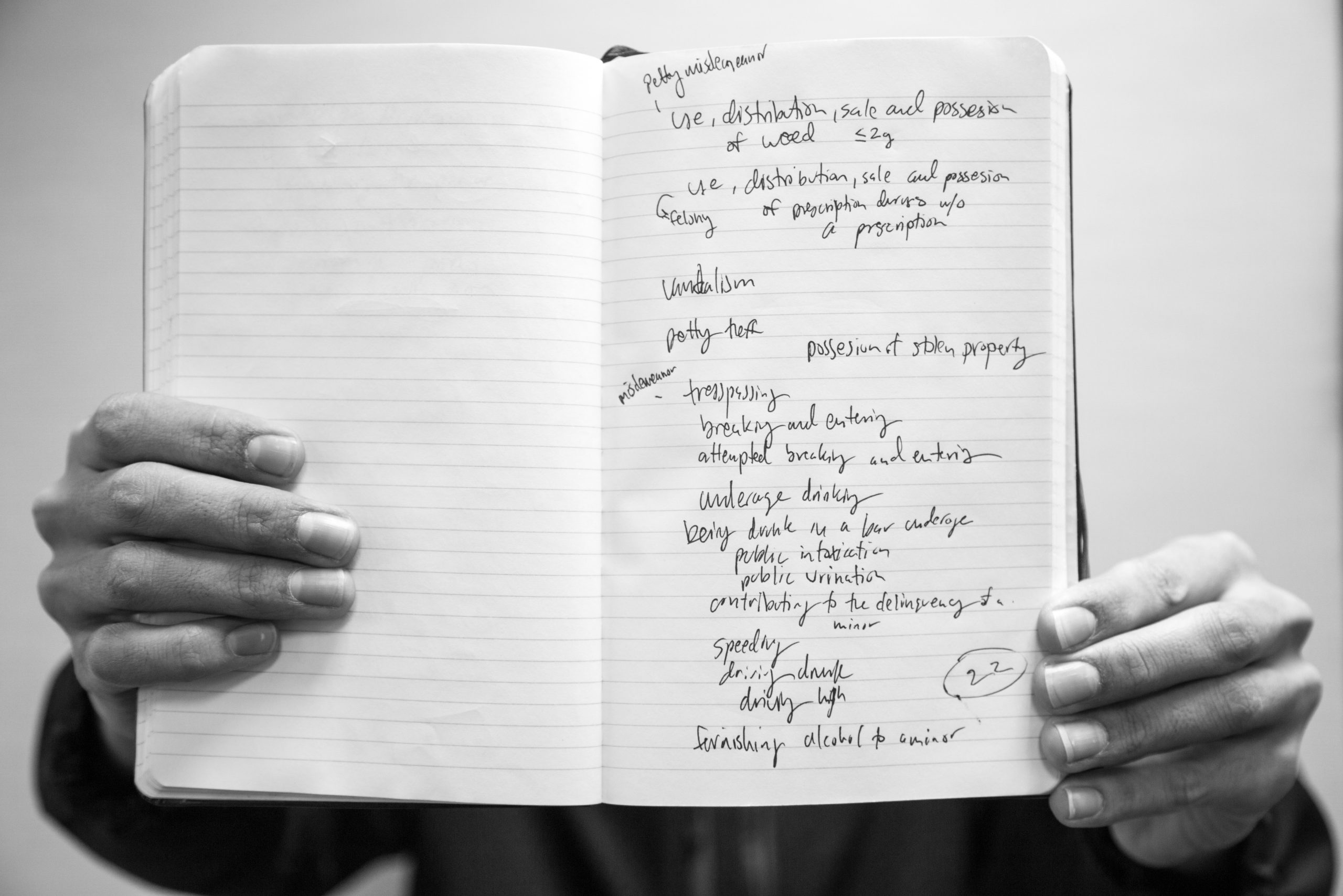 youth-counselor notebook with long list of offenses Notebook with long list of offenses